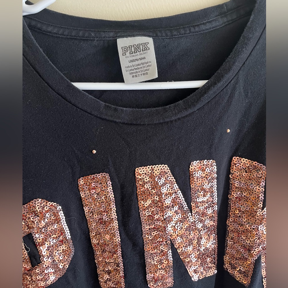 PINK Victoria's Secret Black Tee with  Sequin Logo - Picture 3 of 7